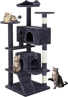 DUMOS 54-inch Indoor Cat Tree Tower –Multi-Level Pet House for Large Cats with 2 Condos, Scratching Posts, Round Platform, Small Ladder, and Toys – Perfect for Cats of All Ages, Grey