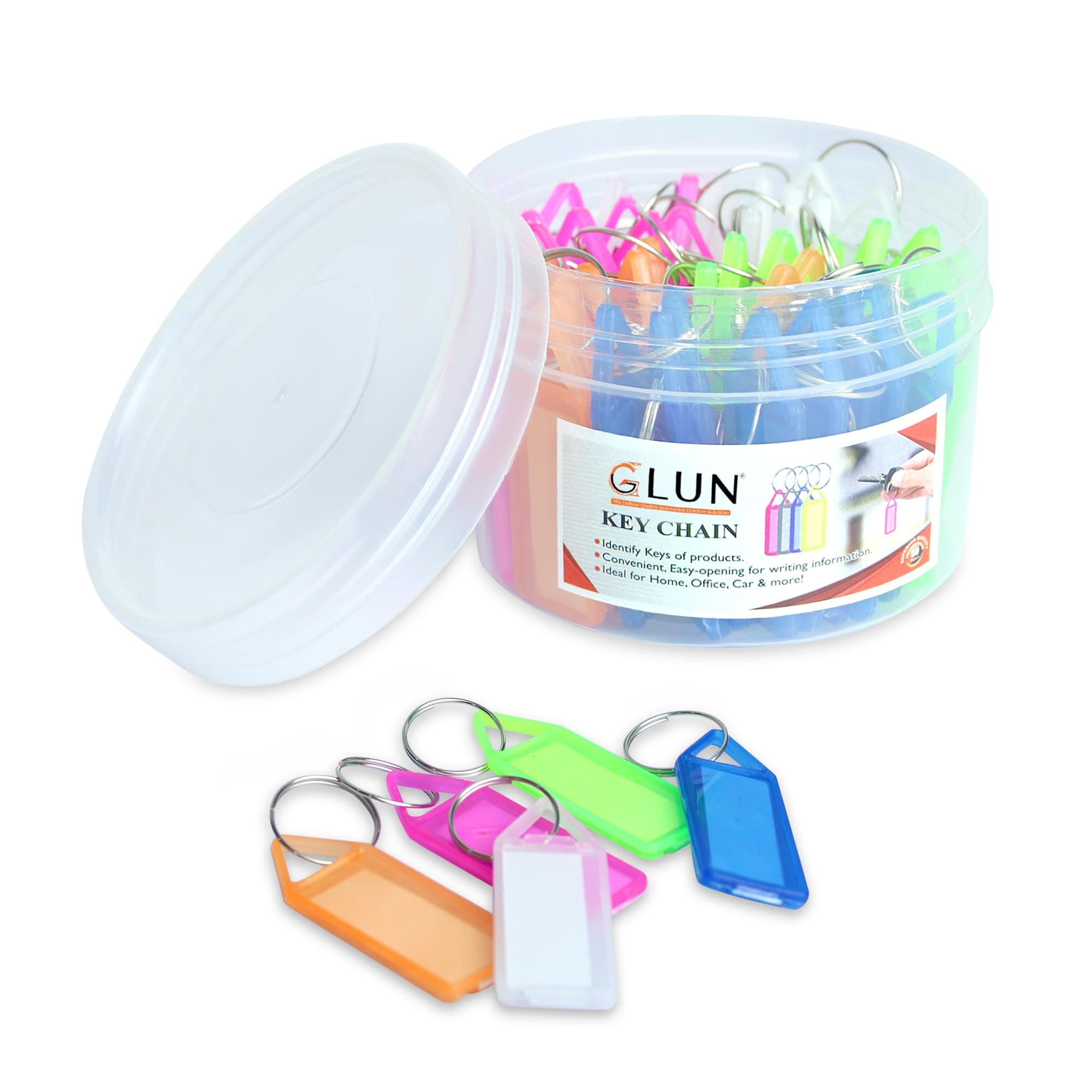 GLUN® Assorted 50-Pack Multicolor Keyring & Keychain Set | Plastic Keychains with Name Tag Labels and Split Rings for Seamless Key Organization