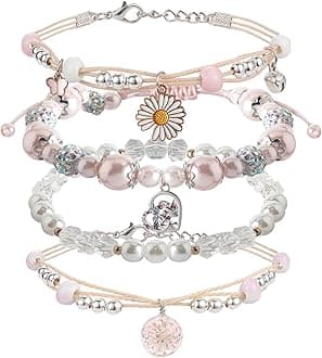 4PCS Beaded Charm Bracelets for Teen Girls Dainty cute cartoon Crystal Beads Pearl Bracelets anklets set for woman and girls Adjustable Stretch bracelet birthday Gift For Friends