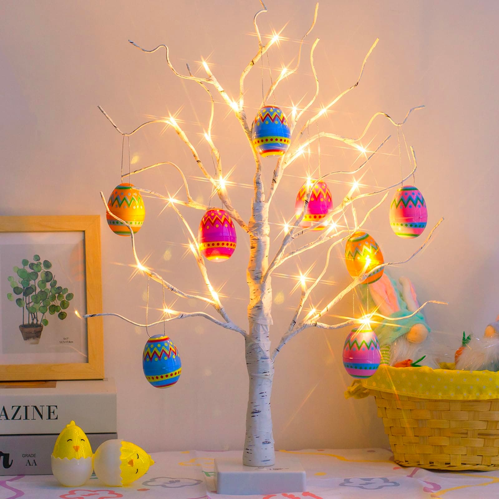 White Easter Tree with Colourful Fillable Eggs Battery Operated Twig Tree with Lights Easter Gifts for Children (60cm/2ft)