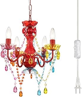 Alighting Plug in Chandeliers, 4-Light Colorful Small Acrylic Crystal Hanging Ceiling Lamp with 20ft Cord, No Hardwire, Colorful Chandeliers for Kids' Bedroom, Playroom, or Party Space
