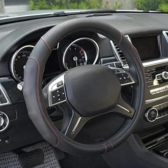 Motor Trend GripDrive Faux Black Leather Steering Wheel Cover for Car Truck Van SUV, Standard 15 inch Size, Red Accent Stitched Car Steering Wheel Cover Vehicle & Auto Accessories