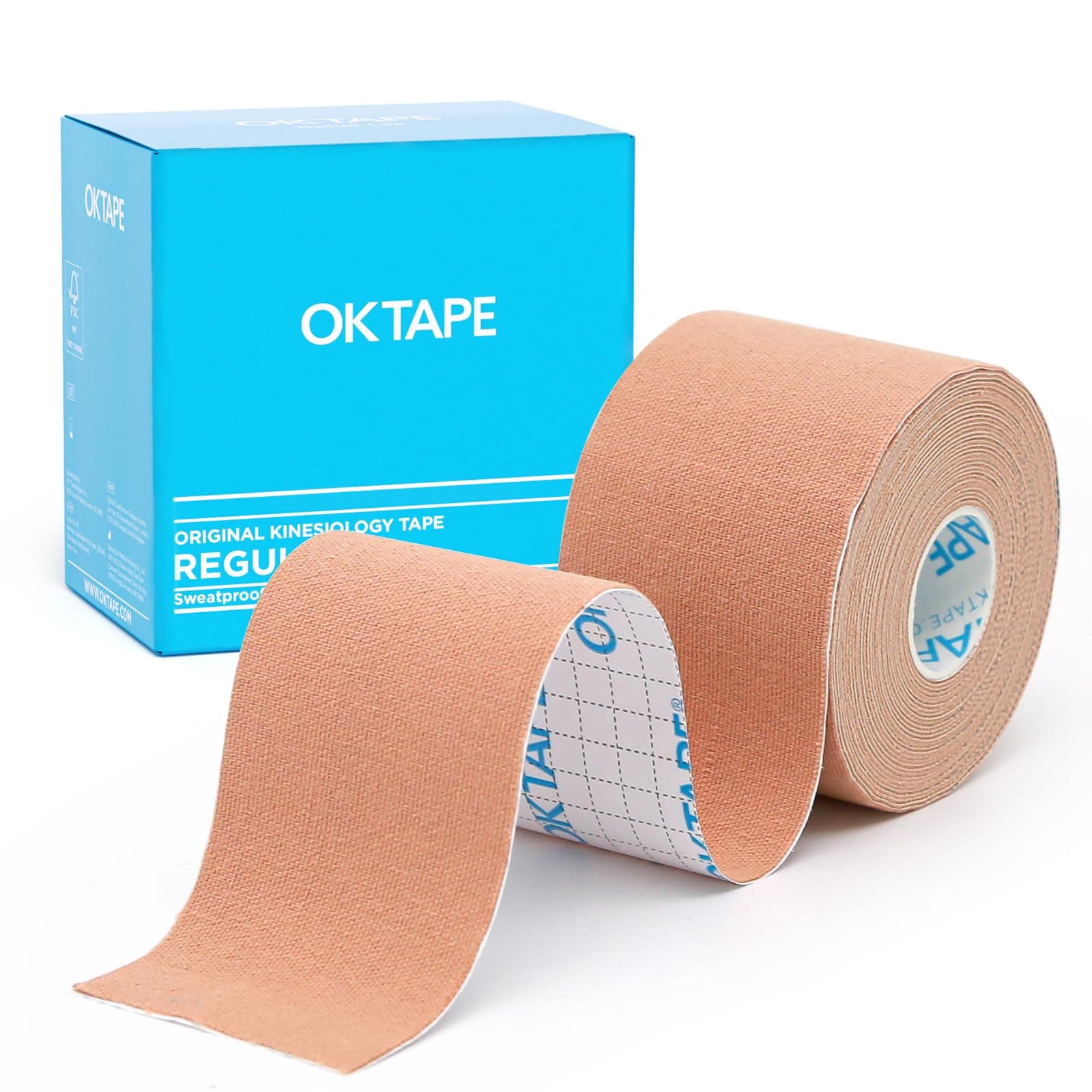 OK TAPE Kinesiology Tape, Regular Original Cotton Elastic Athletic Tape for Support and Recovery, Sports Tape, 2in×16.4ft Uncut Roll - Beige