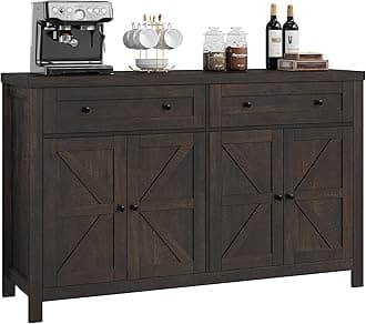 HOSTACK 55" Buffet Sideboard Cabinet with Storage, Modern Farmhouse Coffee Bar Cabinet with Drawers and Shelves, Barn Doors Storage Cabinet for Kitchen, Living Room, Dark Brown