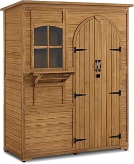 Macrout Outdoor Storage Cabinet with 3 Shelves (4.8 x 2.1 x 6.2 ft), Wood Storage Shed with Roof, Tall Garden Shed with 1 Foldable Table for Yard Patio Lawn, 1815