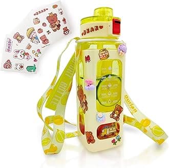 Kawaii Water Bottle Cute Water Bottles with Straw Portable Leakproof BPA-Free Drinking Bottle with Adjustable Shoulder Strap and Sticker - for Girls School Sports Travel (Yellow-24oz-Time Marker)