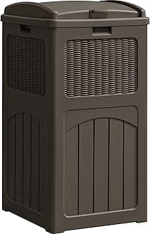 33 Gallon Resin Outdoor Trash Can with Lid, Hideaway Waterproof Patio Garbage Bin, Brown