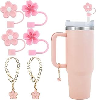 Silicone Straw Cover Caps for Stanley Cup 30 & 40 Oz Tumbler,4 pcs Colourful Flower Straw Tips and 2 pcs Handle Charms Set for Stanley Cup Accessories (pink)