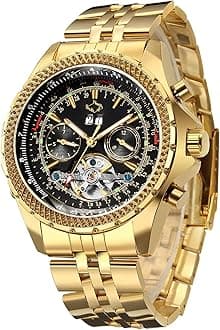 Gute Mens Watches, Mechanical Automatic Stainless Steel Waterproof Watch for Men, Luxury Big Face Multi Functional Tourbillon Calendar Wristwatch, Gold, 40 mm, Mechanical,Automatic Watch