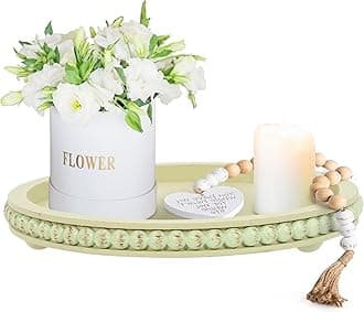 HPC Decor 12in Round Tray for Home Decor- Green Wood Beaded Tray- Decorative Round Tray for Living Room Decor,Coffee Table Decor,Kitchen Table Decor,Dining Room Decor or Farmhouse Serving Tray