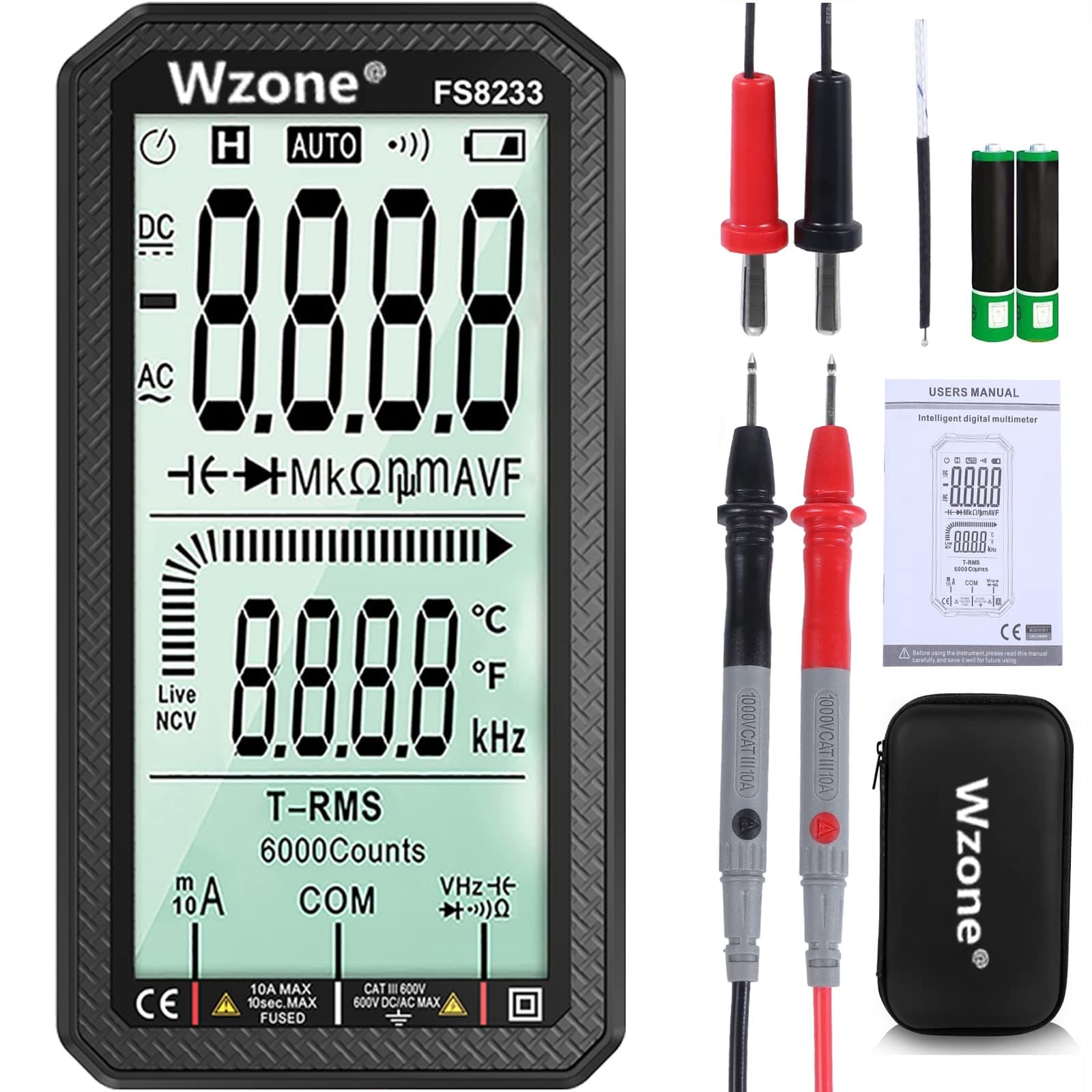 Multimeter Tester - Wzone Digital Multimeter 4.7in Full Screen Multi Volt Meter Auto-Ranging 6000 Counts TRMS Voltmeter Ammeter with NCV