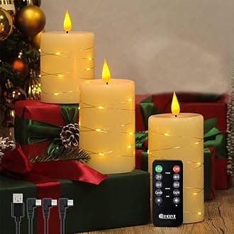 LEDHOLYT Rechargeable Flameless Candle, Flickering LED Pillar Real Wax Candle with Fairy Lights, Remote Control and Timer, Upgraded Teardrop Wick, Built-in Battery Electronic Candle, Set of 3
