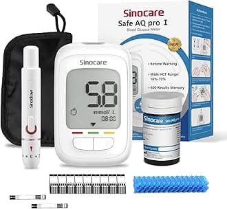 sinocare Safe AQ pro I Blood Sugar Monitor, Diabetes Testing Kit with 25pcs Strips & 25pcs Lans., Ketone Test Remind Function, 500 Test Results Storage Blood Glucose Monitor, No Coding, mmol/L