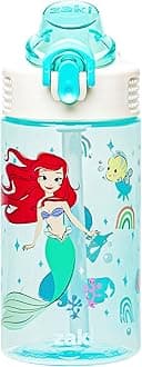 Zak Designs Disney Princess Water Bottle For School or Travel, 16oz Durable Plastic Water Bottle With Straw, Handle, and Leak-Proof, Pop-Up Spout Cover (Ariel & Jasmine)