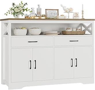 HOSTACK 47" Modern Farmhouse Sideboard Buffet Cabinet, Wood Buffet Storage Cabinet with Drawers & Shelves, Large Coffee Bar Cabinet with Storage, Microwave Stand for Kitchen, Dining Room, White Brown