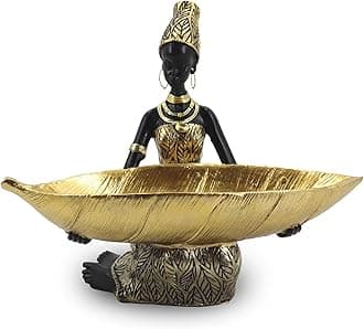 African Woman Resin Tray Statue, Gold Leaf Decorative Sculpture, Handmade African Figurine Tray for Jewelry, Keys, Coins, Home Table Centerpiece Decor, Cultural Art Gift