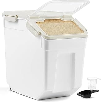 ABOUT SPACE 15-Kg Rice Container- Airtight Rice Storage Container with Measuring Cup & Rice Shovel - Rice Barrel Dispenser-Moisture Proof Kitchen Organiser for Cereals,Pulses&Pet Food- Grey, Plastic