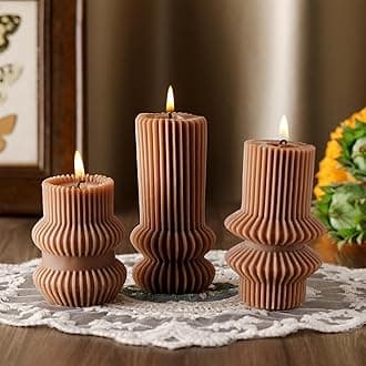 MTLEE 3 Pcs Small Ribbed Pillar Candles Scented Pillar Candle Decorative Candles Soy Wax Aesthetic Candle 4.7, 4.2, 3.2 in Height Modern Geometric Home Decor for Bathroom Living Room(Brown)