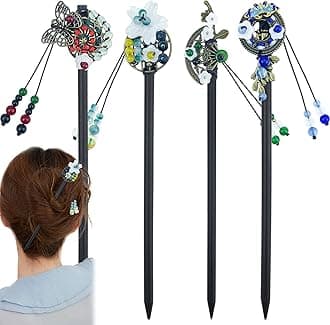 4 Pcs Japanese Chinese Hair Stick Retro Wooden Hairpin Butterfly Flower Hair Chopsticks Vintage Hanfu Pins Headdress Classic Hair Fork for Long Hair Women