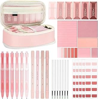 Janlaugh 38 Pcs Aesthetic College School Supplies with Pen Case Sticky Notes Gel Pens Highlighters Correction Tapes Back to School Stationery Kit(Pink Color,Classic)