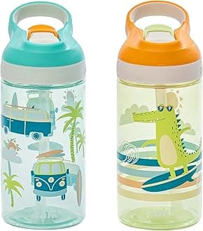 Zak Designs Atlantic Kids Water Bottle For School or Travel, 16oz Durable Plastic Water Bottle With Straw, Handle, and Leak-Proof, Pop-Up Spout Cover, 2-Pack (Surf Boards and Palm Trees)