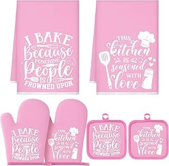 Sratte 6 Pcs Kitchen Decor Accessories Set Farmhouse Towels Pot Holders Oven Mitts Set 2 Dish Towels 2 Potholders 2 Cooking Mittens Oven Glove for Baking Cooking(Light Pink,Kitchen)