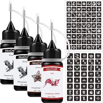 Temporary Tattoos Kit, Permanent Tattoo, 4 Pcs with Three Colors, DIY Tattoos, Full Kit 103 Pcs Adhesive Stencil for Women Men Body Markers - 4 Bottles (Black*2/Red/Brown)