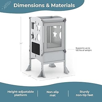 Guidecraft Classic Kitchen Helper Stool and 2 Keepers - Gray: Adjustable Height, Kitchen Step Stool for Children, W/Chalkboard and Whiteboard Message Boards