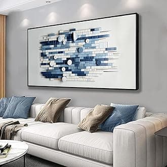 Framed Wall Art Canvas Artwork Blue and White Diagramblock Canva paintings Wall Decor Modern Home Bedroom art Office Decor 24"x48" Stretched and Framed Ready to Hang
