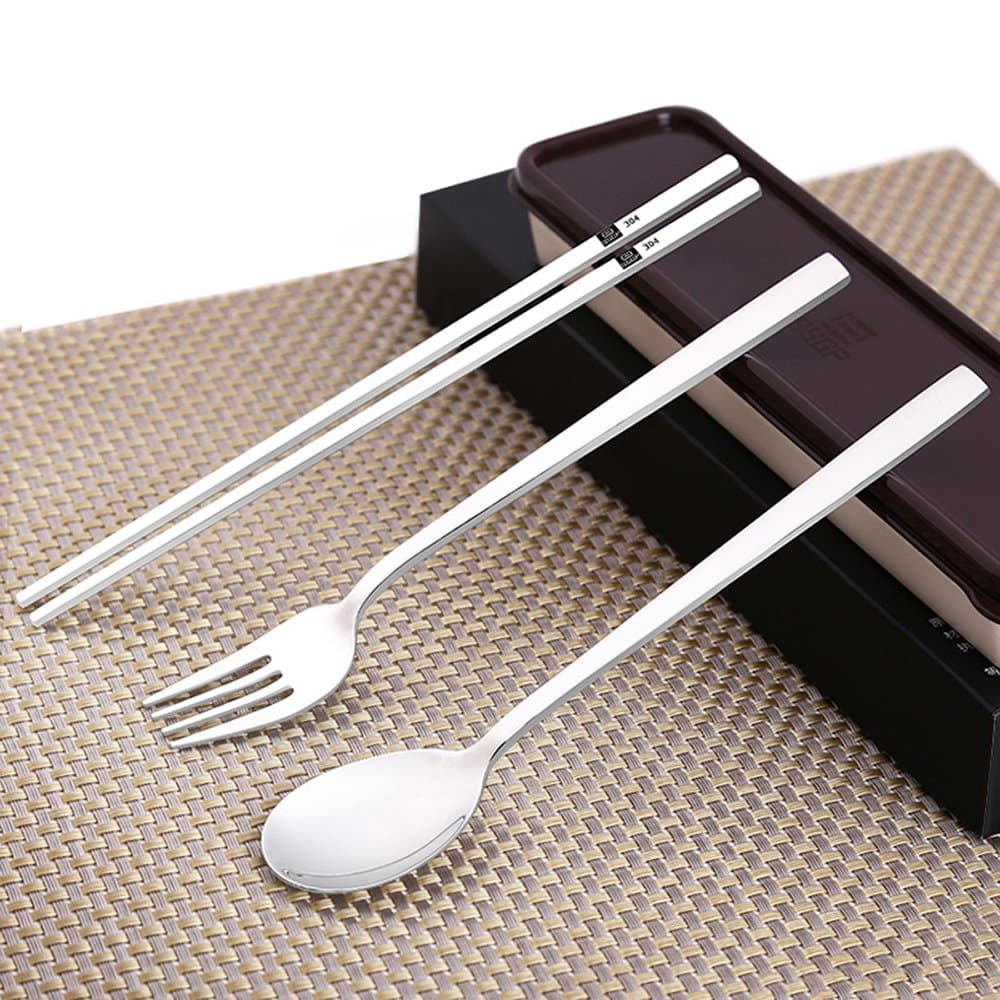 SSPG 3PCS Portable Ouside Flatware Spoon Fork Chopsticks Tableware Set 304 Stainless Steel Dinnerware with Travel Box(Pink, Coffee)