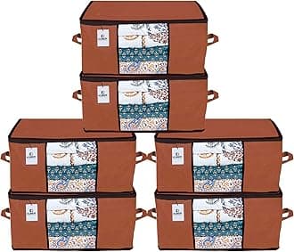 Kuber Industries Underbed Storage Bag|Organizer For Clothes Large|Non-Woven Comforter, Blanket Cover|Transparent Window & Premium Zipper|Side Handles|Pack of 6 (Brown)