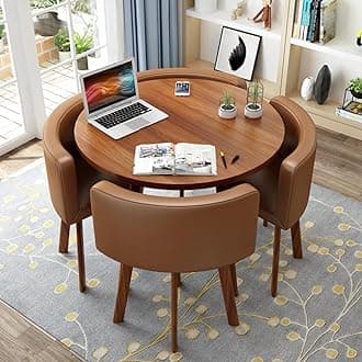 Round Kitchen Dining Table Set for 4, Space Saving Table and Chairs Set with Thick Tabletop 4 Upholstered Chairs, Dinning Room Modern Casual Coffee Table Set(D 31.5inch/80cm, PU CoffeeA)