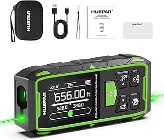 Huepar Dual Laser Measuring Tool, 656Ft Green-Beam Bilateral Digital Laser Distance Measure 6 Units Ft/in/M, Rechargeable Laser Measurement Tool -Backlit LCD Display, Length/Area/Volume/Angle Sensor