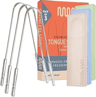 MasterMedi Tongue Scraper for Adults, 100% Stainless Steel Tongue Scrubber for Bad Breath, Easy to Use, Tongue Cleaner for Oral Care & Hygiene (Set of 3 (with Travel Case))