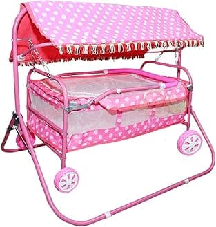 Baby Cradle for Newborn Babies with Deluxe Comfortable Kids jhula palna Swing with Foldable Design with Canopy for 0 to 2 Years .Pink Colour baggi for Boys and Girls (Baby Pink)