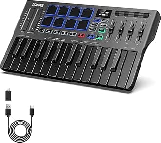 DMK-25 Pro MIDI Keyboard Controller, Portable USB-C MIDI Keyboard with 25 Mini Keys, 8 Drum Pads, OLED Display, Personalised Touch Bar, Music Production Software and 40 Learning Courses