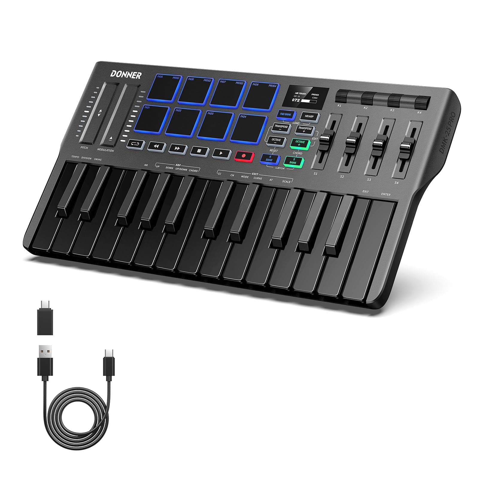 Donner DMK-25 Pro MIDI Keyboard Controller, Portable USB-C MIDI Keyboard with 25 Mini Keys, 8 Drum Pads, OLED Display, Personalised Touch Bar, Music Production Software and 40 Learning Courses