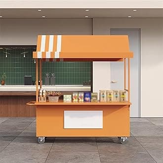 Mobile Cart with Wheels Selling Food, Vending Iron Cart with Canopy, Customizable Logo, for Street Food, Handicrafts, Snacks(Orange)