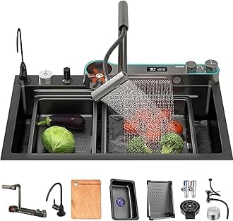 Kitchen Sink Black Stainless Steel Waterfall Kitchen Sink Multifunctional Digital Display Sink with New Dual Mode Faucet and Multiple Accessories (80x45x22CM)