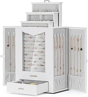 Homde Jewelry Organizer with Transparent Window Necklace Hooks Gift for Women Jewelry Box Display Case for Necklaces Rings Earrings Bracelets and Other Jewelry Accessories (White)