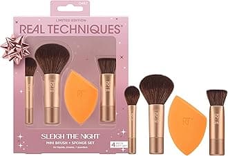 Real Techniques Sleigh The Night Mini Brush + Sponge 4 Piece Holiday Gift Set, Small Makeup Brushes For Travel, Makeup Sponge For Foundation & Concealer, Stocking Stuffer, Limited Edition, Latex-Free