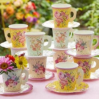 Talking Tables Pack of 24 Vintage Floral Cup & Saucer Afternoon Tea Set, Truly Scrumptious Disposable Tableware for Birthday or Garden Party, Baby Shower, Wedding, TRULYCUPSET24