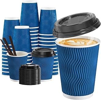 SIUQ 90 Pack 12 oz Disposable Coffee Cups with Lids and Straws, Insulated Ripple Wall To Go Paper Coffee Cups for Coffee, Hot Chocolate and Hot Tea Drinks - Navy