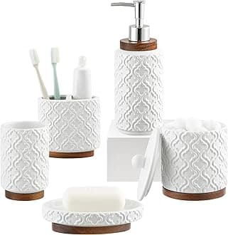 Elegant 5 PCS Ceramic&Wood Bathroom Accessories Set:Soap Dispenser,Toothbrush Holder,Tumbler,Soap Dish,Cotton Swab Jar,Easy to Clean,Quatrefoil Pattern,White-Affordable Home Luxury