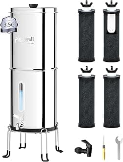 Purewell 3.5G Family-Sized Gravity Water Filter System, 3-Stage 0.01μm Ultra-Filtration Stainless Steel Countertop System with 4 Filters and Stand, Reduce 99% Chlorine, PW-3G