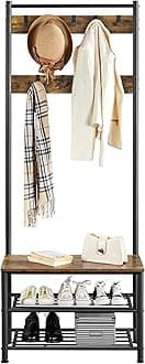 costoffs Coat Rack Stand, Freestanding Metal Hall Tree, Entryway Organization with Hooks and Shelves, Rustic Brown