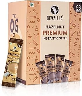 - Bevzilla 96 Instant Coffee Powder Sachets (Hazelnut) -192 Grams |Arabica Coffee| Easy To Carry|Best For Espresso, Latte, Cappuccino| Enjoy Hot & Cold