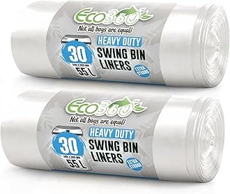 EcoBag - 60 Pack Heavy Duty White Bin Liners - 55L - 15 Microns - Extra Strong, Leak-Proof, Tear-Resistant Bags for Swing Bins, Kitchen, Home & Office (580x880mm)