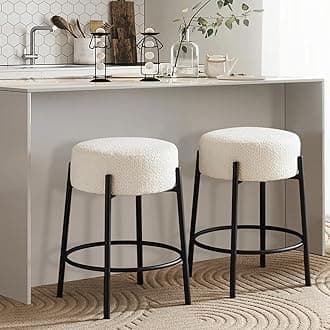 Modern Bar Stools Set of 2, 24" Counter Height Stools with Round Soft Padded Boucle Backless Seat and Black Metal Base, Upholstered Barstools for Kitchen Island, Beige