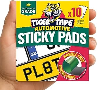 Tiger Tape® Number Plate Sticky Pads. Automotive Grade Heavy Duty, Extra Strong Double Sided Adhesive for Vehicle Number Plates, Licence Plates, Car Registration, Mounting Tape – 10 Strips